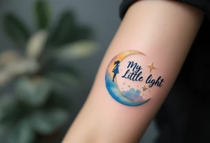 A crescent moon and small star in gold and soft blue with little girl sitting on the Moon “My Little Light” in flowing script. tattoo idea