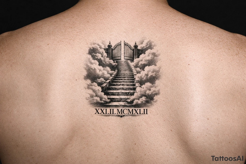 Stairway to heaven, with clouds surrounding the stairs, and the gate being at the top. A date, below the stairs, in Roman numerals 21.02.1942. The tattoo is going on the forearm, but the outside part. Also, it should be realistic, and through the whole forearm. tattoo idea