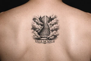 Stairway to heaven, with clouds surrounding the stairs, and the gate being at the top. A date, below the stairs, in Roman numerals 21.02.1942. The tattoo is going on the forearm, but the outside part. Also, it should be realistic, and through the whole forearm. tattoo idea