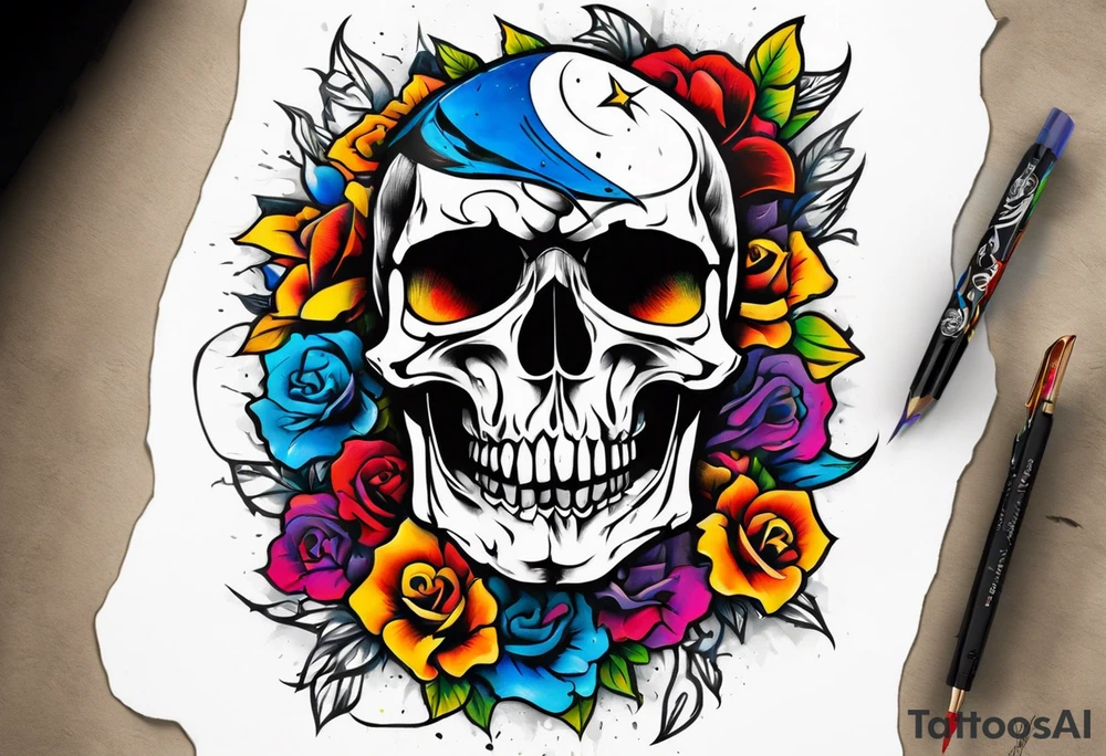 Design a tattoo concept that features a skull breaking free from censorship, symbolizing the fight for freedom of expression. The skull should be positioned on the neck, with bold lines and vibrant colors to represent the struggle against oppression. tattoo idea