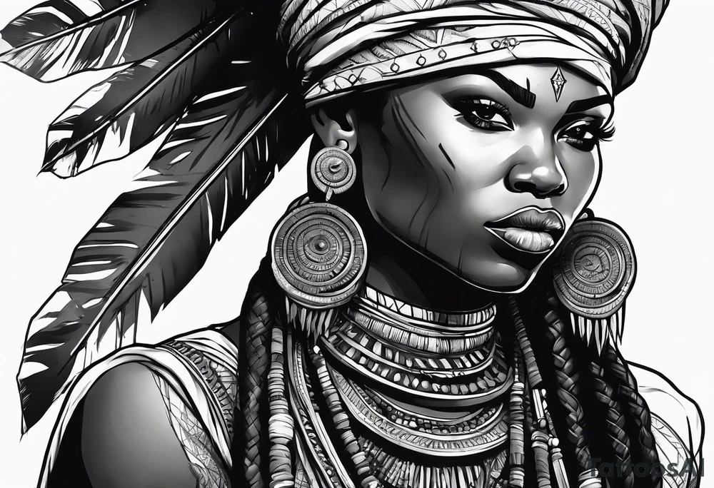 African woman warrior holding spear with deadlocks and earrings. tattoo idea