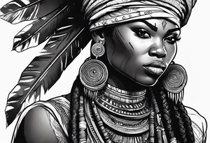 African woman warrior holding spear with deadlocks and earrings. tattoo idea