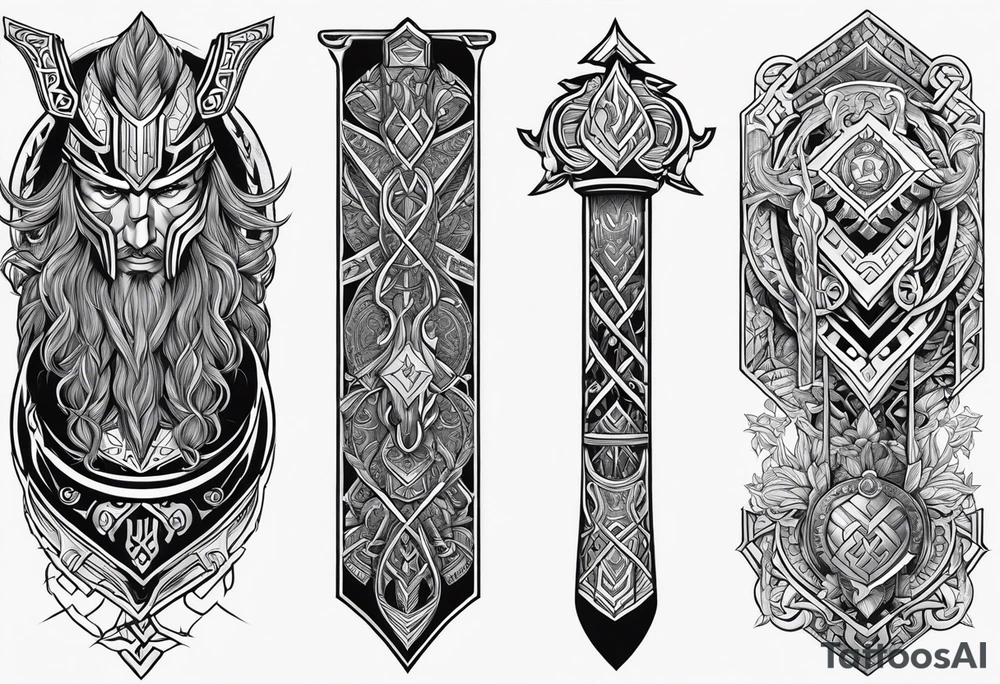 Full arm tattoo with a motif of Thor's armor, Norse runes, Norse symbols and Mjolnir tattoo idea