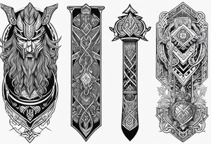 Full arm tattoo with a motif of Thor's armor, Norse runes, Norse symbols and Mjolnir tattoo idea