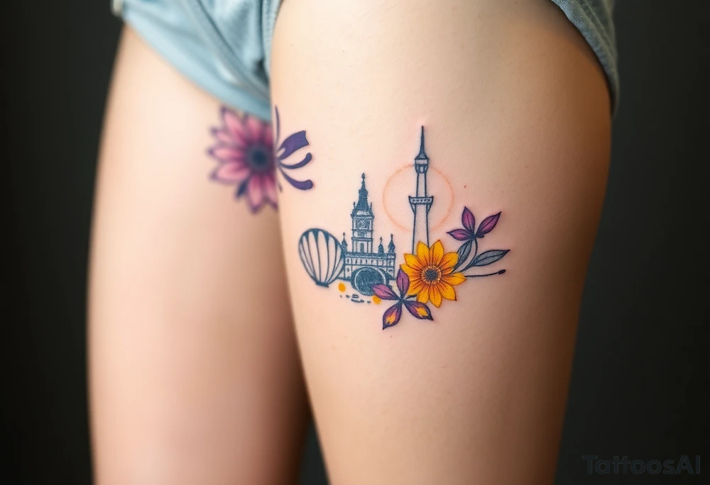 Powerful tourist tattoo with purple and yellow tattoo idea