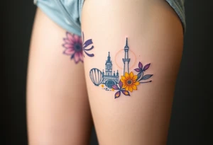 Powerful tourist tattoo with purple and yellow tattoo idea