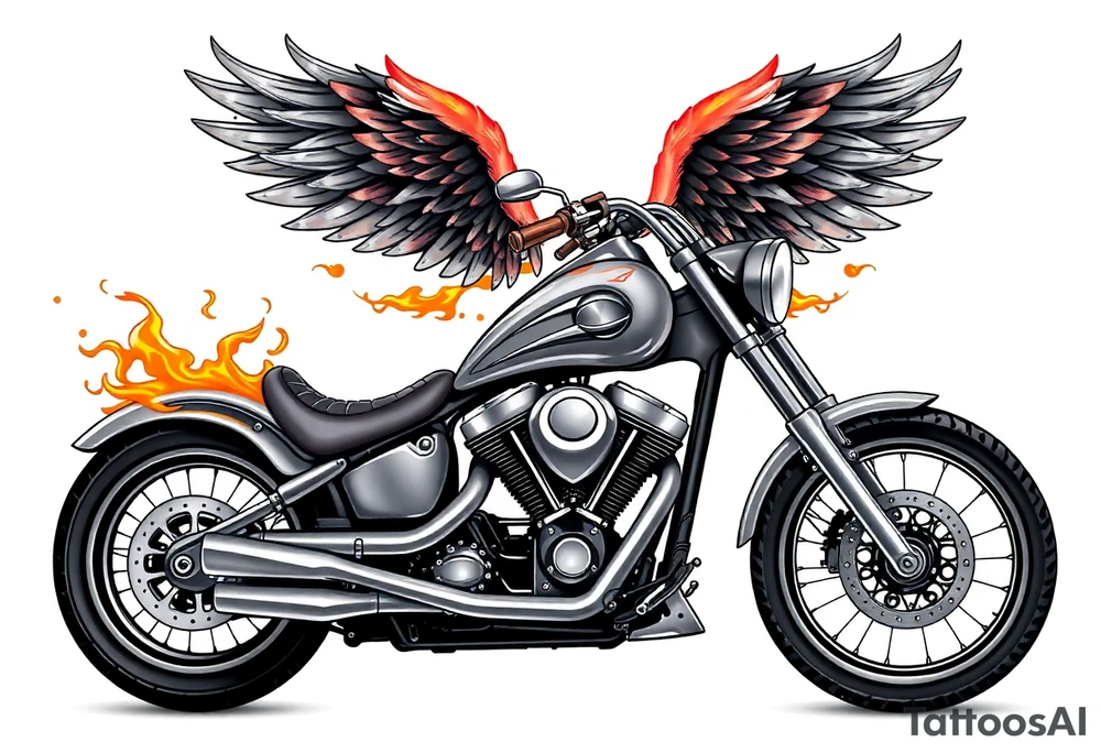 Low rider grey motorcycle, flames, angel wings tattoo idea