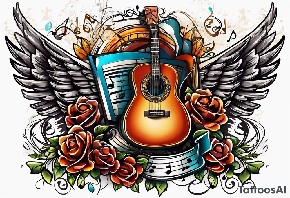 Microphone and musical notes and guitar and wings and country singer tattoo idea