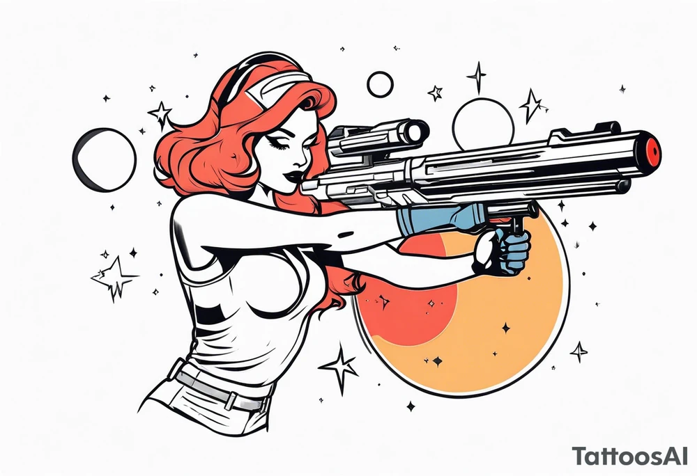 Pinup woman holding laser gun in space tattoo idea