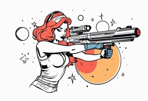 Pinup woman holding laser gun in space tattoo idea