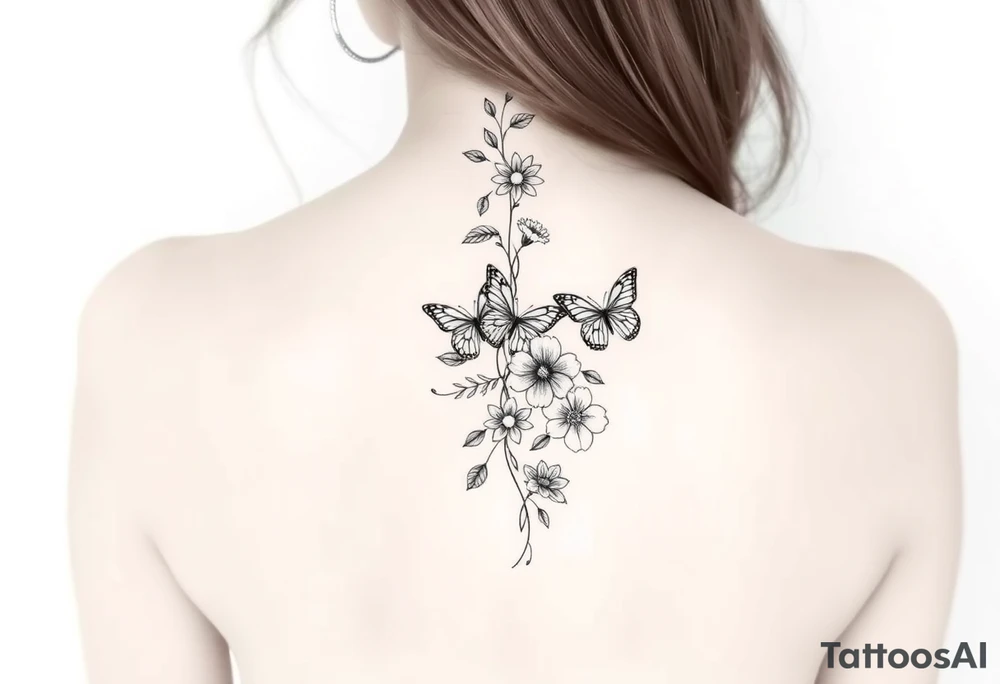 Delicate, simple floral spine tattoo with butterflies tattoo idea