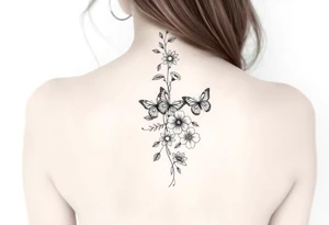 Delicate, simple floral spine tattoo with butterflies tattoo idea