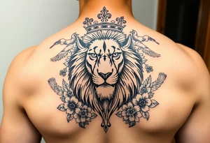 powerful majestic lion with a crown, surrounded by floral ornaments and birds tattoo idea