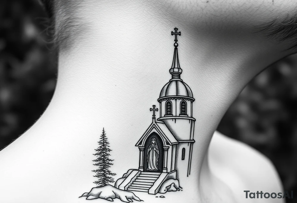 russian coat arms traditional christian orthodox cross with a virgin mary stood in the entrance of a russian orthodox dome church on the side of the neck in a wilderness setting tattoo idea
