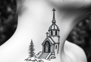 russian coat arms traditional christian orthodox cross with a virgin mary stood in the entrance of a russian orthodox dome church on the side of the neck in a wilderness setting tattoo idea