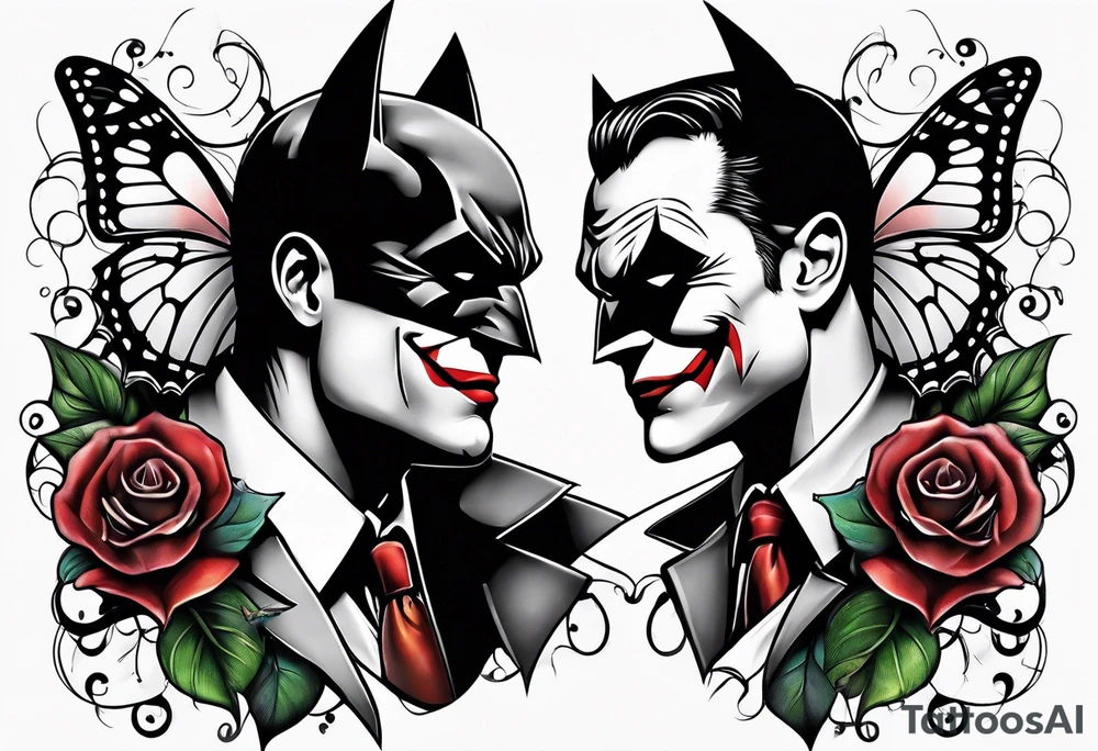 Small Batman and joker tattoo with butterflies and lots of color and harley quinn tattoo idea
