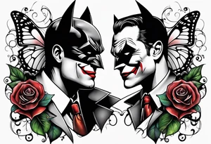 Small Batman and joker tattoo with butterflies and lots of color and harley quinn tattoo idea