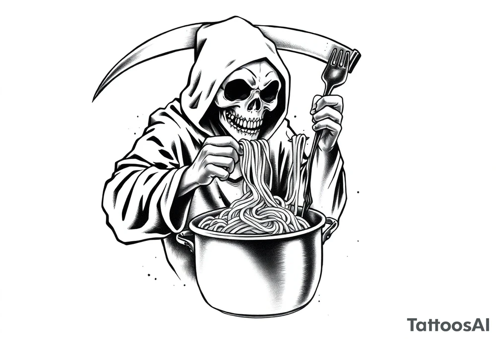 A grim reaper chef pulling noodles out of a pot tattoo idea