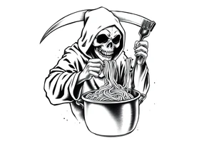 A grim reaper chef pulling noodles out of a pot tattoo idea