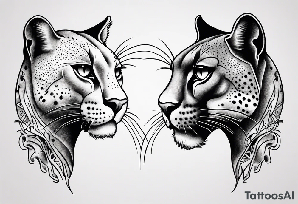 Two black pumas walking past each other and looking at each other, seen from above tattoo idea