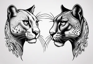 Two black pumas walking past each other and looking at each other, seen from above tattoo idea