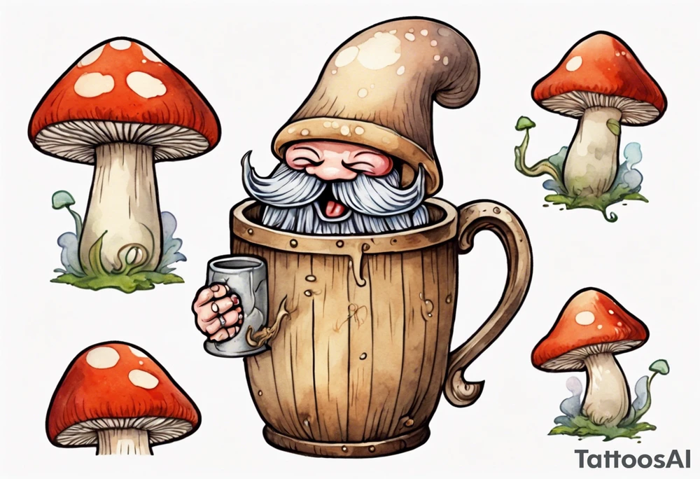 a medieval mushroom with a face and a beard with arms and legs drinking from a wood mug, laughing tattoo idea