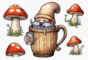 a medieval mushroom with a face and a beard with arms and legs drinking from a wood mug, laughing tattoo idea