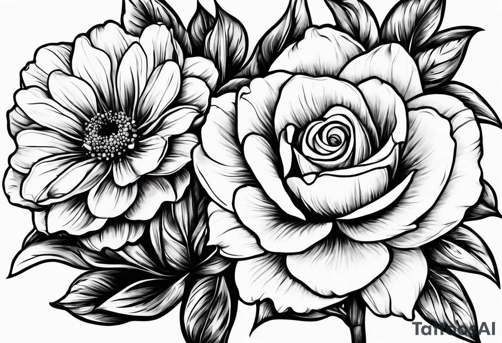 One rose, one daisy, one daffodil, one chrysanthemum, one gladiolus, one lily of the valley tattoo idea