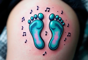 Turquoise and soft violet footprints of Petr, surrounded by little music notes that reflect his lively and joyful spirit. tattoo idea