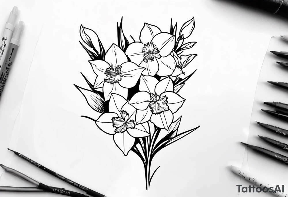Larkspur flower, narcissus flower bouquet tattoo idea