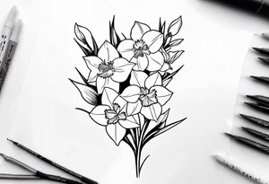 Larkspur flower, narcissus flower bouquet tattoo idea