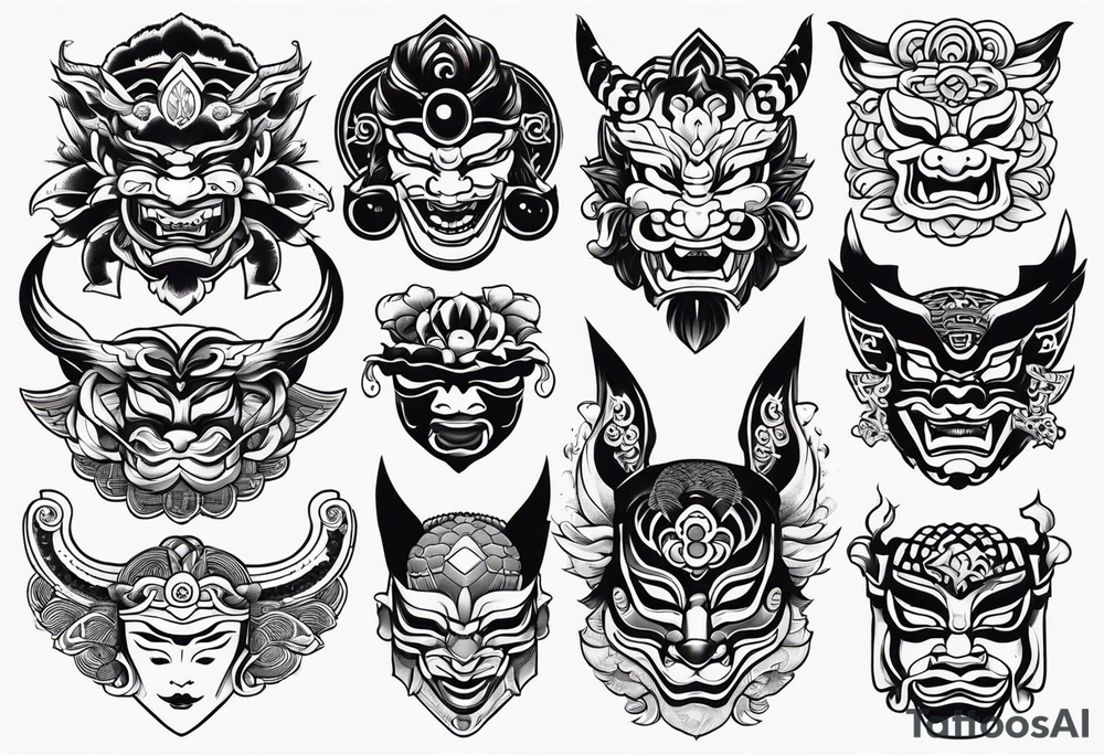 Variety of Japanese masks flash sheet tattoo idea