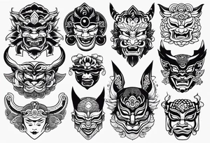 Variety of Japanese masks flash sheet tattoo idea