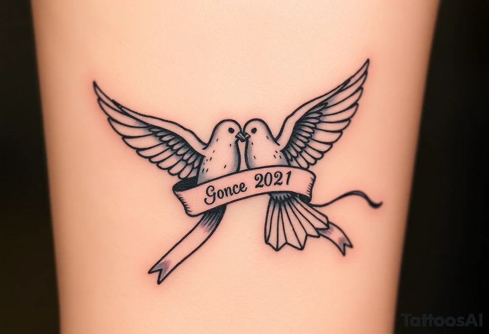 A pair of doves in mid-flight, carrying a silk ribbon with the wedding date, embodying peace and unity. tattoo idea