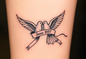 A pair of doves in mid-flight, carrying a silk ribbon with the wedding date, embodying peace and unity. tattoo idea