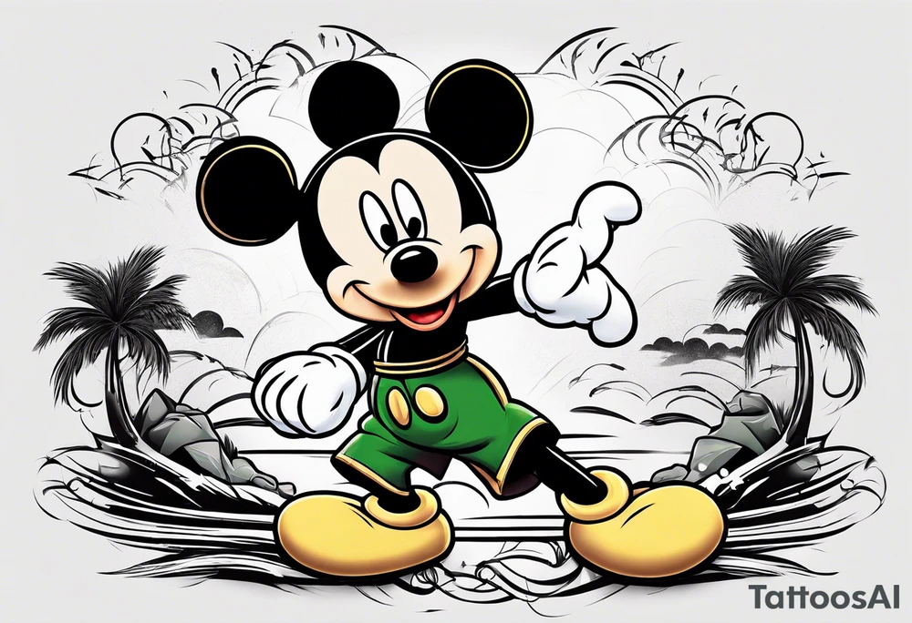 mickey mouse doing martial arts with palm trees, lightning storm and the celtic symbol for family tattoo idea