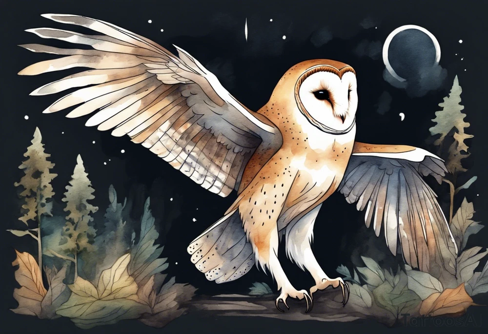 a barn owl with very long legs walking on a forest path at night tattoo idea