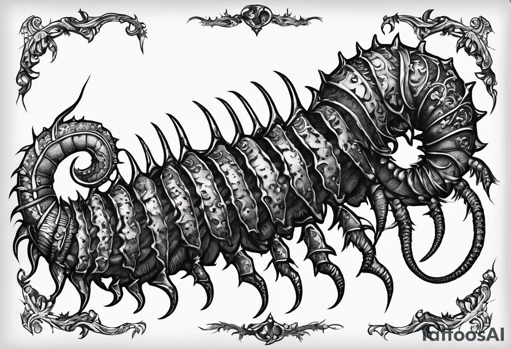 medieval centipede bony exposed bone rotting flesh
 with a fine point and sketch style tattoo idea