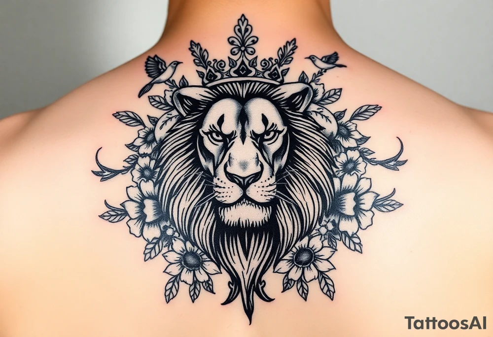 powerful majestic lion with a crown, surrounded by floral ornaments and birds tattoo idea