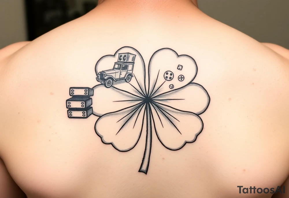 A four-leaf clover with a slot machine, a pack of cars, a pair of dice, and a roulette table in each leaf tattoo idea