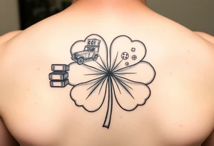A four-leaf clover with a slot machine, a pack of cars, a pair of dice, and a roulette table in each leaf tattoo idea