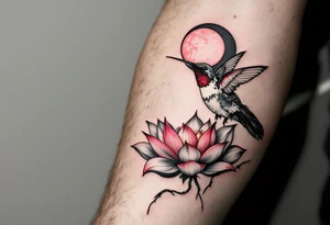 A hummingbird drinking from a lotus flower with one wing made of light (sun disc) and the other made of shadow (crescent moon) (red and black only) tattoo idea