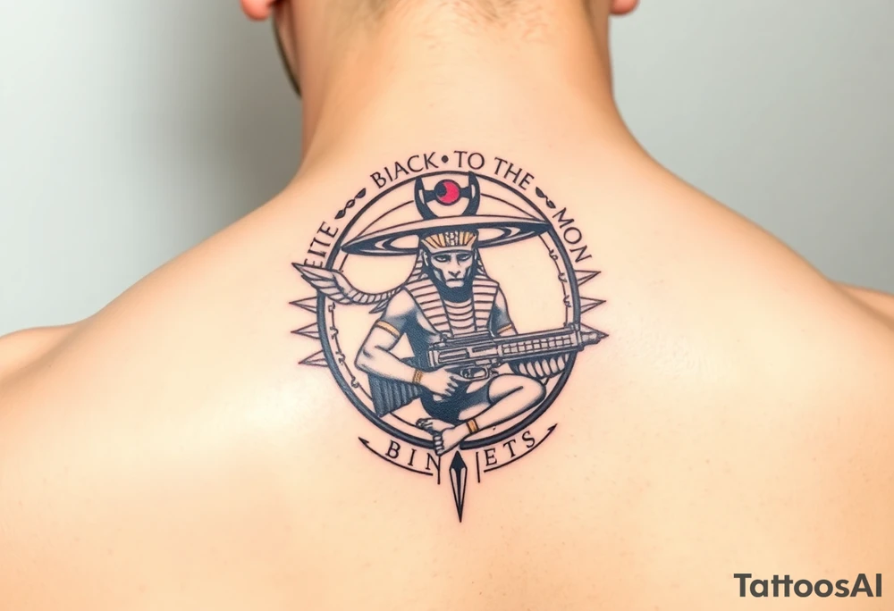 "Anubis in a ufo, holding a tommy gun. . Hieroglyph background spells 'BaCk TO THE MOON'.  

Style: Art Deco meets cyber-Egyptian. Black/red/gold ink. Forearm sleeve." tattoo idea