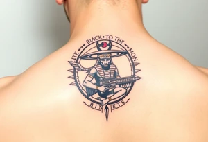 "Anubis in a ufo, holding a tommy gun. . Hieroglyph background spells 'BaCk TO THE MOON'.  

Style: Art Deco meets cyber-Egyptian. Black/red/gold ink. Forearm sleeve." tattoo idea