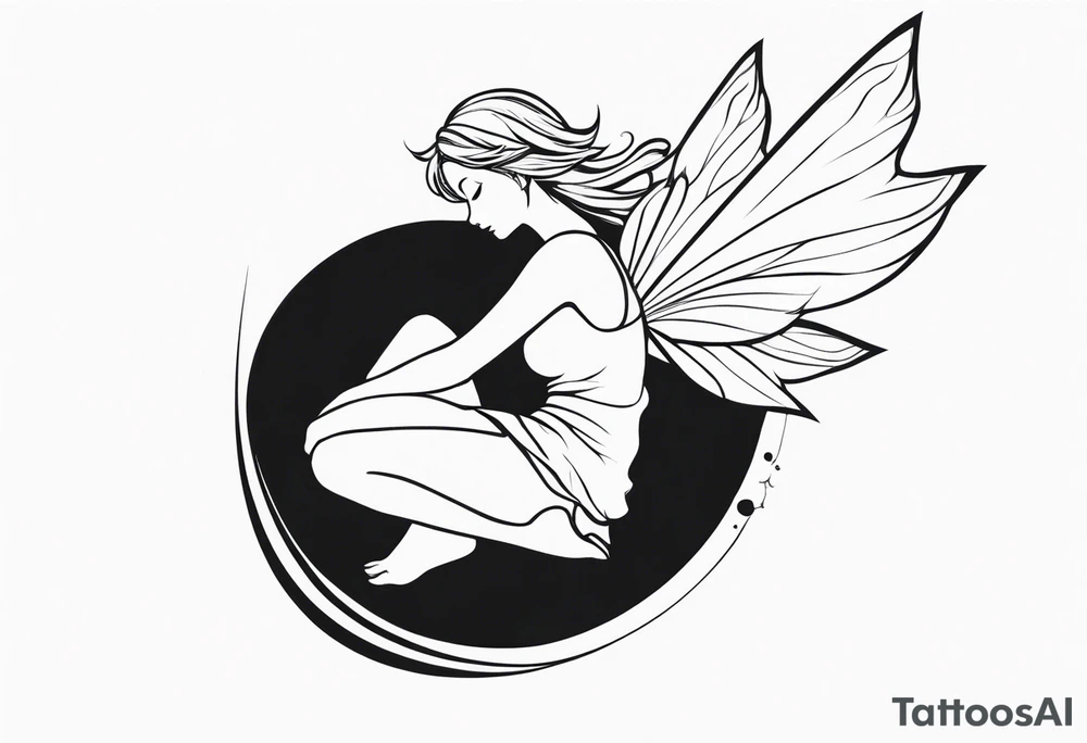 Minimalistic, monochromatic fairy with a tail flying to the left in a fetal position, leaning and looking in the same direction, with visible hands, embodying the 'Fairy Tail' logo aesthetic. tattoo idea