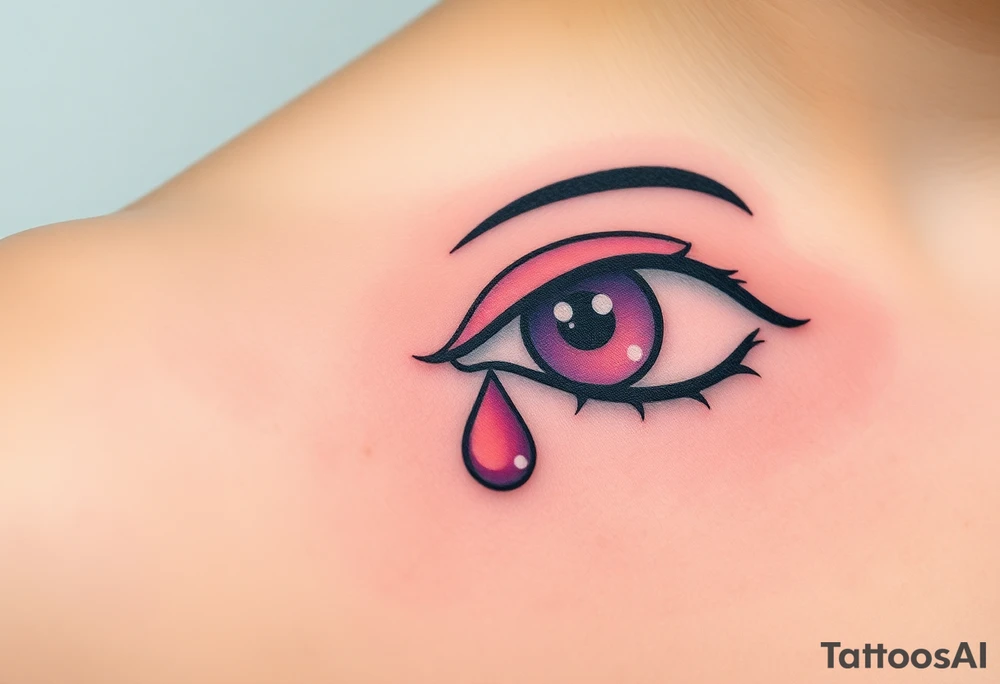 A teardrop falling from a closed eye, with soft pink and lavender tones, symbolizing vulnerability and emotional depth tattoo idea