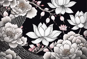 traditional irezumi full leg sleeve with crane, cherry blossoms, and lotus flowers tattoo idea