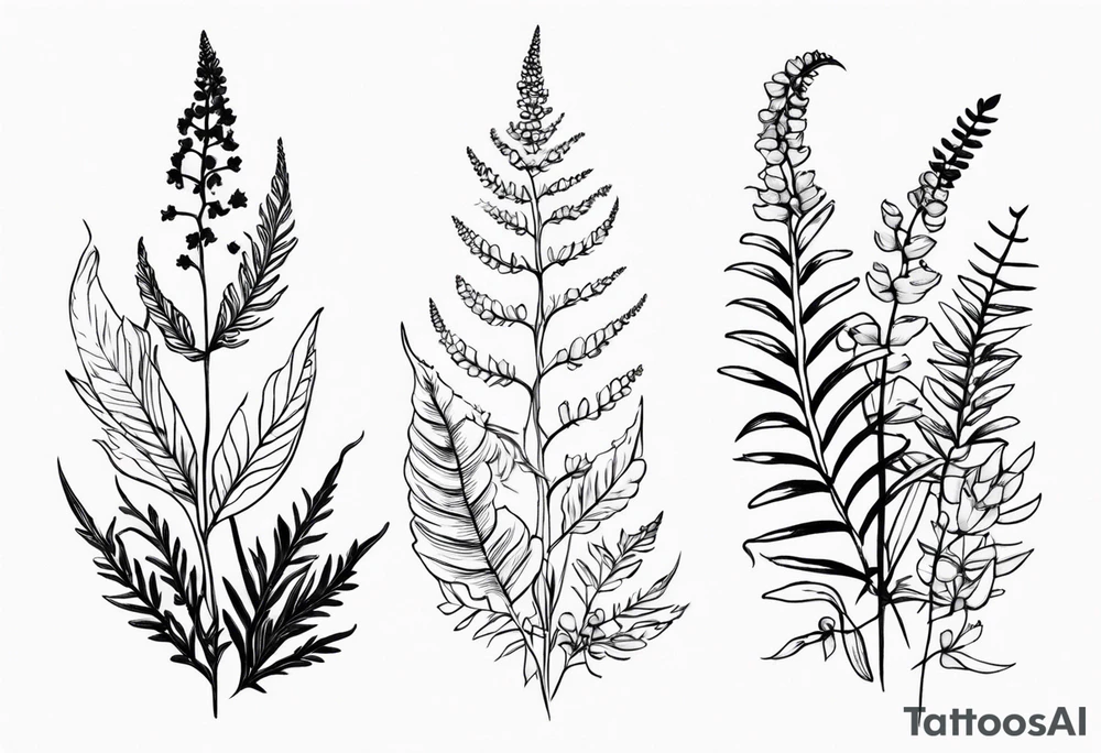 vertical mixed wildflower with ferns and with light color tattoo idea