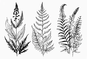 vertical mixed wildflower with ferns and with light color tattoo idea