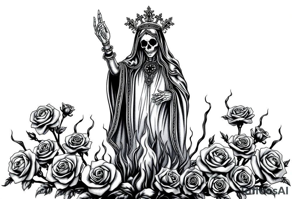 Powerful and evil Santa muerte rising from the flames and ashes of hell, surrounded by unclaimed souls and roses tattoo idea